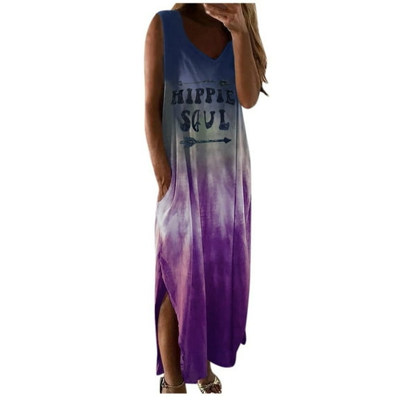 Ichuanyi Summer Dresses Women Casual Tie-dye Print Sleeveless Dress V-neck Pocket Long Dress