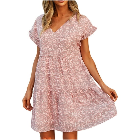 Ichuanyi Summer Dresses Women Fashion Summer Print Short Sleeve V-Neck Casual Knee-Length Dress