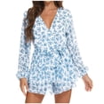 thumbnail image 1 of Ichuanyi Summer Dresses Women Floral Printed Beach Jumpsuits Deep V-Neck Long Sleeve Bandage Knot Ruffle Hem Floral Rompers, 1 of 9