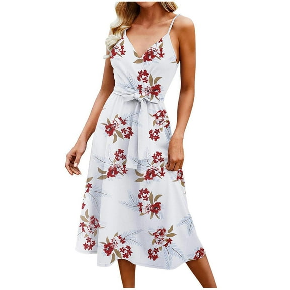 Ichuanyi Summer Dresses Women's Fashion Sexy V-Neck Sleeveless Zipper Printed Print Mid Claf Dresses +Belt