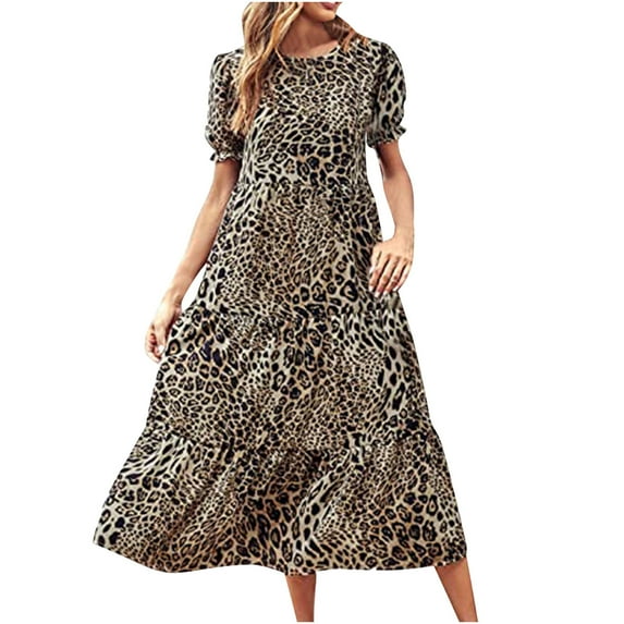 Ichuanyi Summer Dresses Women's Summer Casual Boho Dress Floral Print Ruffle Puff Sleeve Printed High Waist Midi Beach Dresses