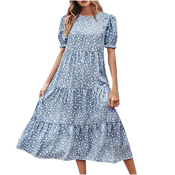 Ichuanyi Summer Dresses Women's Summer Casual Boho Dress Floral Print Ruffle Puff Sleeve Printed High Waist Midi Beach Dresses