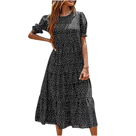 Ichuanyi Summer Dresses Women's Summer Casual Boho Dress Floral Print Ruffle Puff Sleeve Printed High Waist Midi Beach Dresses