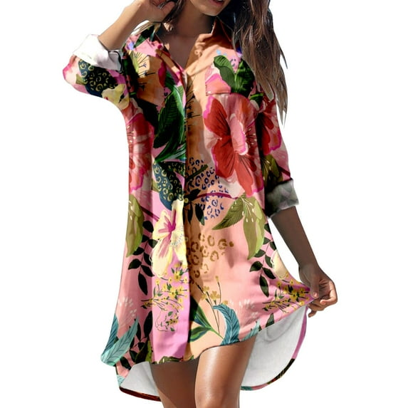 Ichuanyi Summer Dresses Women's Summer Casual Turn-down Collar Long Sleeve Printed Smock Buttons With Pocket Shirt Dresses