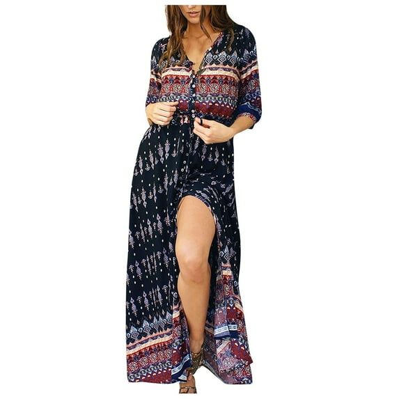 Ichuanyi Clearance Summer Dresses Women's sexy vacation cardigan dress fashion print button beach dress
