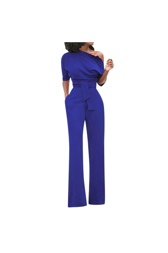 Ichuanyi Womens Jumpsuits, Women's Sexy Solid Off Shoulder Short Sleeve With Belt Slim Jumpsuit