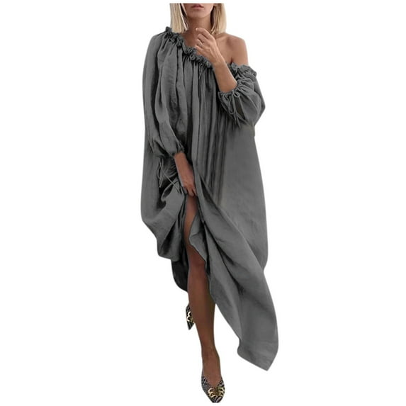 Ichuanyi Dresses for Women 2022, Fall Clearance Women Plus Size Daily Casual Open Shoulder Vintage Loose Boho Maxi Dress