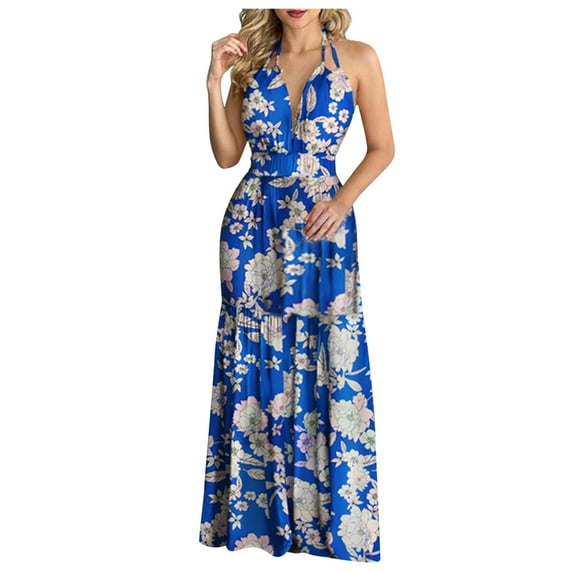 Ichuanyi Dresses for Women 2022, Fall Clearance Women Tropical Print Halter Backless Maxi Dress Sexy Sleeveless Beach Dress