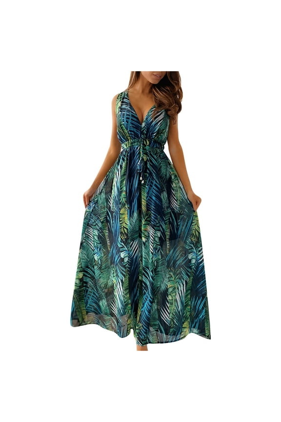 Ichuanyi Dresses for Women 2022, Fall Women V-neck Sleexeless Print Open Back Casual Sexy Halter Mid-Calf Long Dress