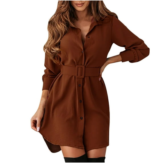 Ichuanyi Dresses for Women 2022, Fall Clearance Women's Fashion Casual Lapel Solid Color Single-Breasted Long Sleeve Belt Dress