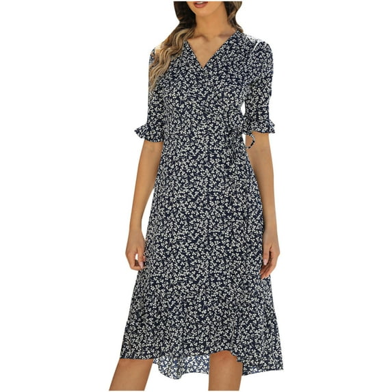 Ichuanyi Dresses for Women 2022, Fall Women's Fashion Causual V-Neck Chiffon Floral Boho Beach Short Sleeve Dress