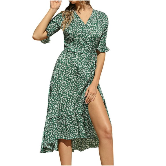 Ichuanyi Dresses for Women 2022, Fall Women's Fashion Causual V-Neck Chiffon Floral Boho Beach Short Sleeve Dress