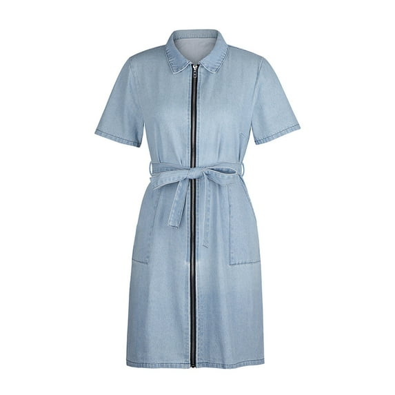Ichuanyi Dresses for Women 2022, Fall Women's Plus Size Zipper Casual V Neck Short Sleeve Dress Denim Faux Jean Dress