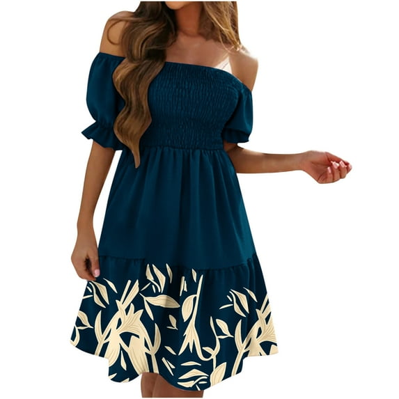 Ichuanyi Dresses for Women 2022, Fall Clearance Women's Sexy Summer Printed Short Sleeve One Shoulder Shirred Swing Dress