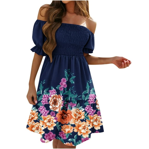 Ichuanyi Dresses for Women 2022, Fall Clearance Women's Sexy Summer Printed Short Sleeve One Shoulder Shirred Swing Dress