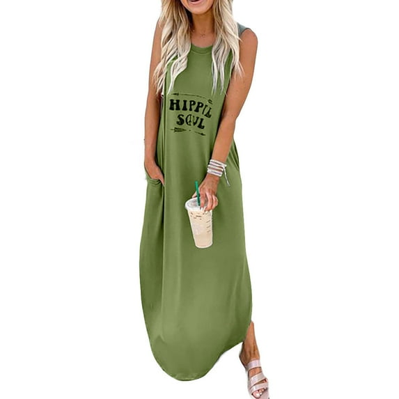 Ichuanyi Dresses for Women 2022, Fall Women Sleeveless Letter Print Fashion O-Neck Floor Length Dress