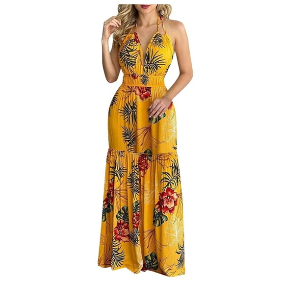Ichuanyi Dresses for Women 2022, Fall Women Tropical Print Halter Backless Maxi Dress Sexy Sleeveless Beach Dress