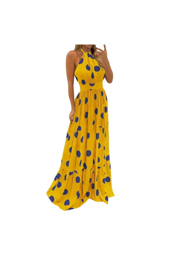 Ichuanyi Dresses for Women 2022, Fall Women Tropical Print Halter Backless Maxi Dress Sexy Sleeveless Beach Dress
