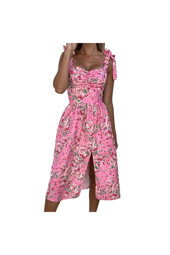 Ichuanyi Dresses for Women 2022, Fall Women's Fashion Loose Sleeveless Slip Dress Print Boho Beach Split Dress Mid-claf Dress