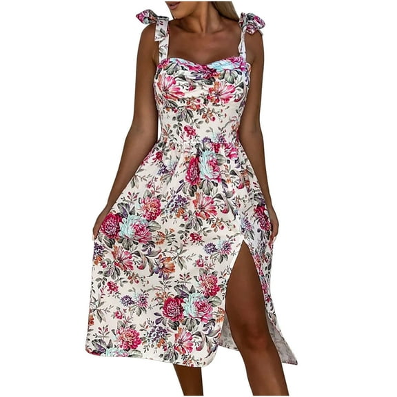 Ichuanyi Dresses for Women 2022, Fall Women's Fashion Loose Sleeveless Slip Dress Print Boho Beach Split Dress Mid-claf Dress