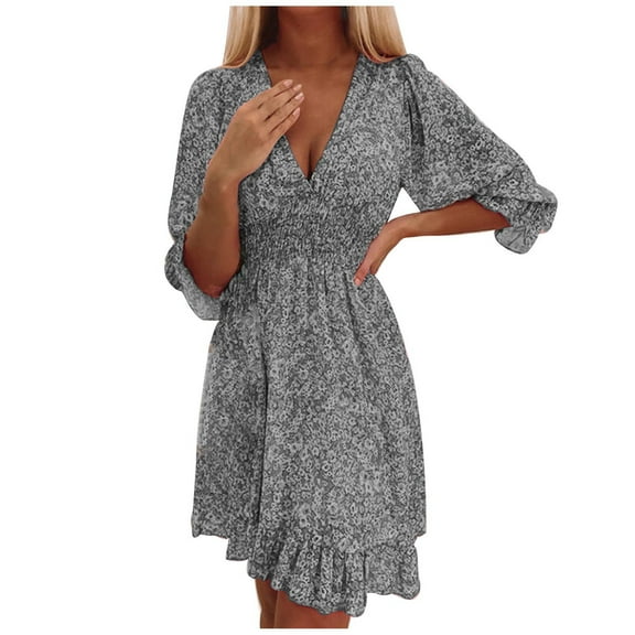 Ichuanyi Dresses for Women, Fall Fashion Women Summer Casual V-Neck Froral Print 3/4 Sleeve Loose Dress
