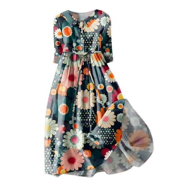 Ichuanyi Dresses for Women, Fall Fashion Women Summer Casual V-Neck Froral Print 3/4 Sleeve Loose Dress