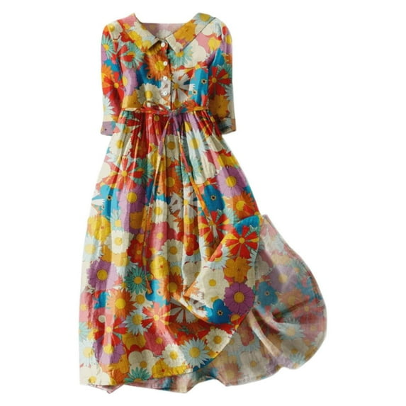 Ichuanyi Dresses for Women, Fall Fashion Women Summer Casual V-Neck Froral Print 3/4 Sleeve Loose Dress