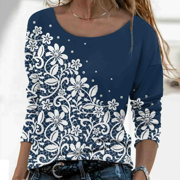 Ichuanyi Fall Tops for Women 2022 Fashion Women Casual Printing Round Neck Long Sleeve Loose T-Shirt Autumn Blouse Pullover Tops