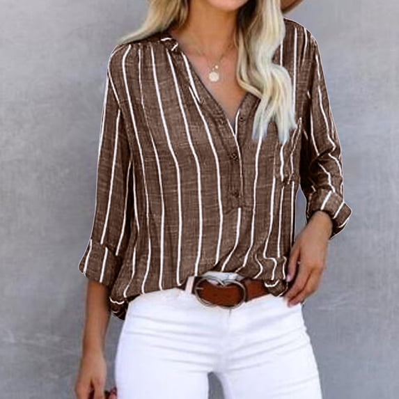 Ichuanyi Fall Tops for Women 2022 Women's Tops Striped Printed Single Breasted Long Sleeve Shirt Blouse Tops