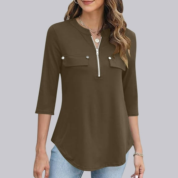 Ichuanyi Fall Tops for Women Women's Casual Long Sleeve Shirts Zip Fashion Tunic V-Neck Rollable Blouse Tops