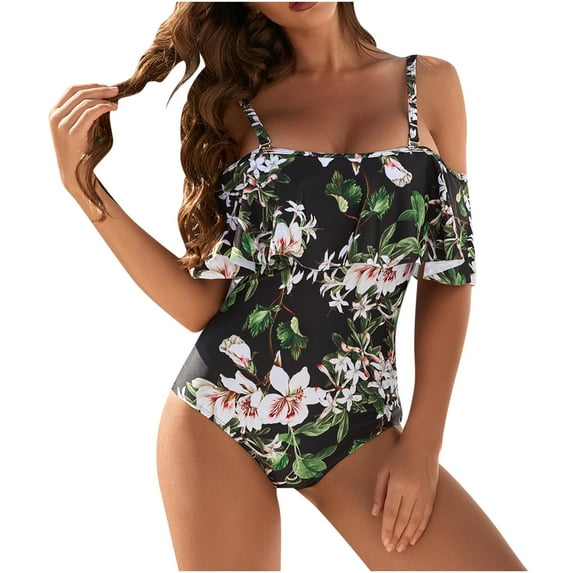 Ichuanyi Fashion Casual Women's Plus Size One-Pice Bandage Leaf Print Sexy Swimsuit