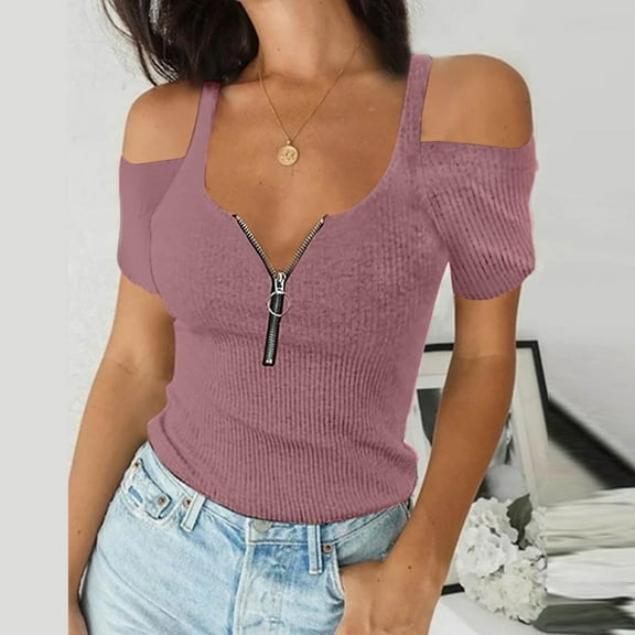 Ichuanyi Fashion Women Casual Loose Soild V-Neck Zipper Sexy Short Sleeve T-Shirt Blouse