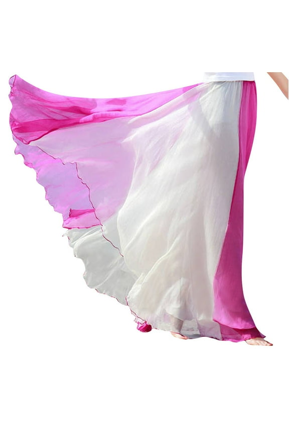 Ichuanyi Fashion Women Full Circle Skirt Flowing Color Matching Chiffon Bohemian Skirt
