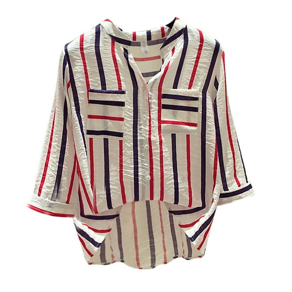 Ichuanyi Fashion Women Half Sleeve Striped V-Neck Loose Top Ladies Button Shirts