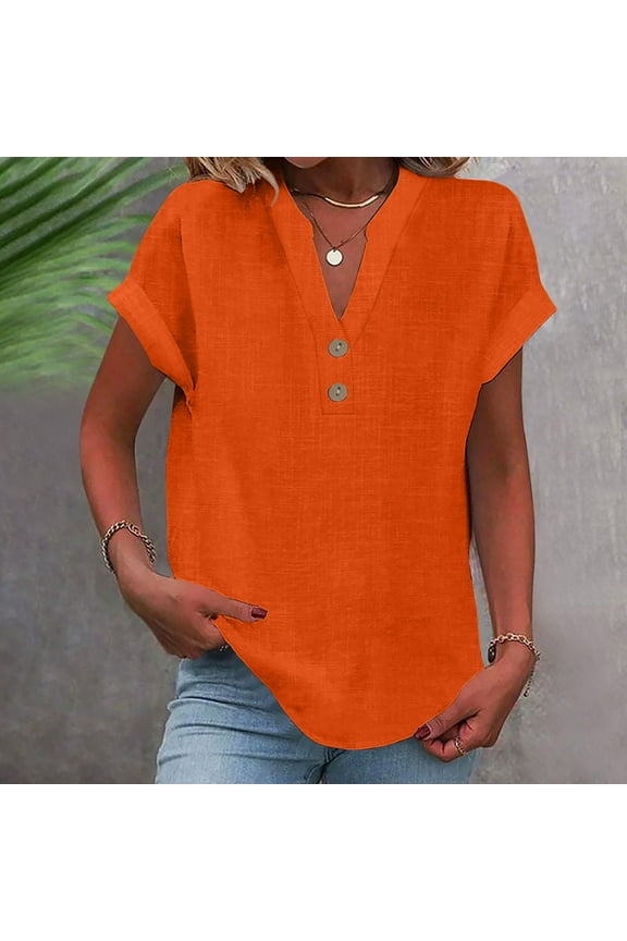 Ichuanyi Fashion Women’s Solid Short Sleeve V-Neck Button Top Stylish Women Henley Casual Summer Tops 2025