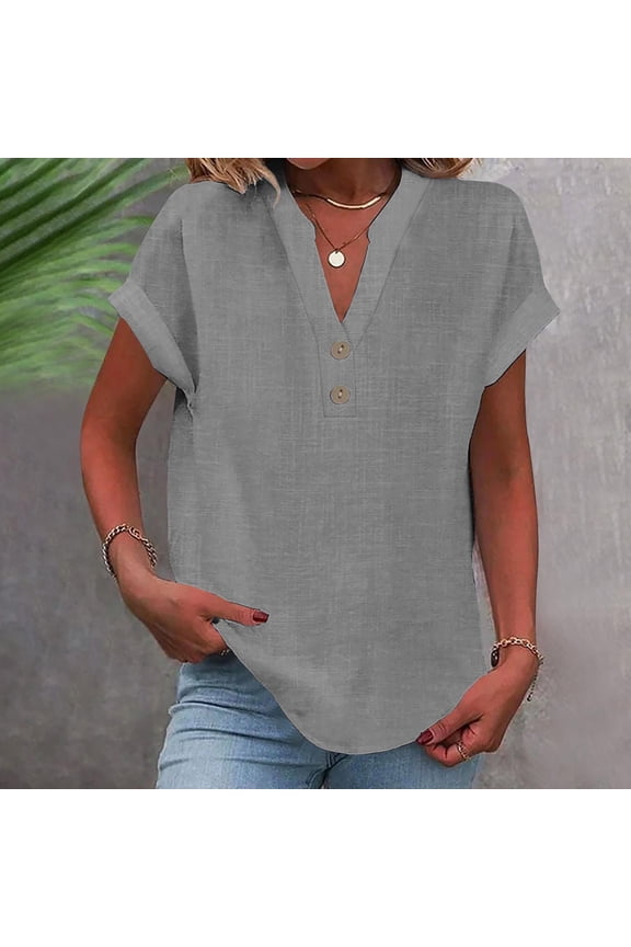 Ichuanyi Fashion Women’s Solid Short Sleeve V-Neck Button Top Stylish Women Henley Casual Summer Tops 2025