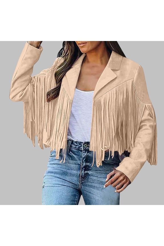 Ichuanyi Fringe Coat For Women Faux Suede Leather Cowboy Style Coat Long Sleeve Tassels Cardigan Coat