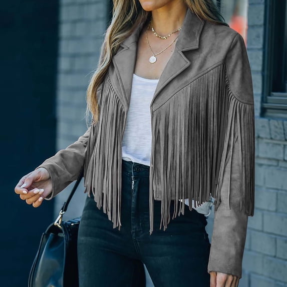 Ichuanyi Fringe Coat For Women Faux Suede Leather Cowboy Style Coat Long Sleeve Tassels Cardigan Coat