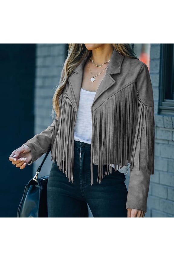 Ichuanyi Fringe Coat For Women Faux Suede Leather Cowboy Style Coat Long Sleeve Tassels Cardigan Coat