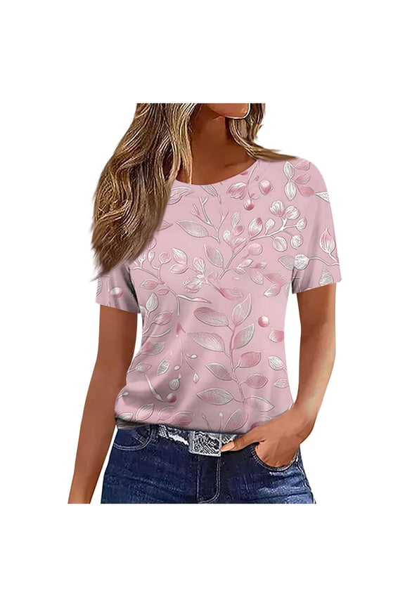 Ichuanyi Graphic Tees for Women Casual Short Sleeve Round Neck Floral Print Summer Shirts TShirt Tops