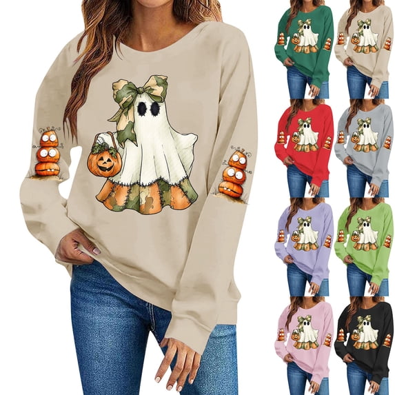 Ichuanyi Halloween Spooky Season Sweatshirt Women Ghost Sweatshirts Oversized Fall Halloween Print Pullover Top