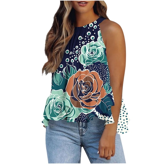 Ichuanyi Halter Flowy Tops for Women Summer Striped Sleeveless Shirts Blouse Casual Tank Tops Ruffle Hem Tops for Juniors