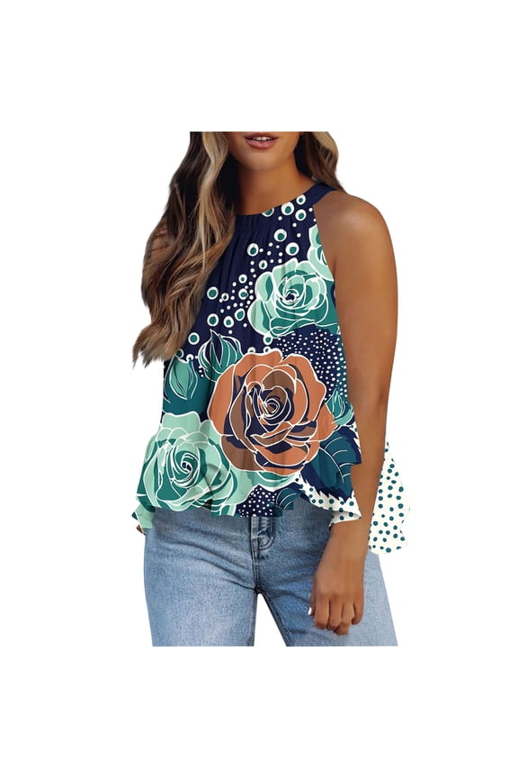 Ichuanyi Halter Flowy Tops for Women Summer Striped Sleeveless Shirts Blouse Casual Tank Tops Ruffle Hem Tops for Juniors