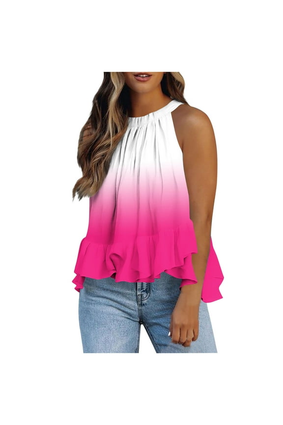 Ichuanyi Halter Flowy Tops for Women Summer Striped Sleeveless Shirts Blouse Casual Tank Tops Ruffle Hem Tops for Juniors