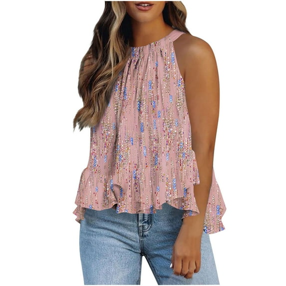 Ichuanyi Halter Flowy Tops for Women Summer Striped Sleeveless Shirts Blouse Casual Tank Tops Ruffle Hem Tops for Juniors