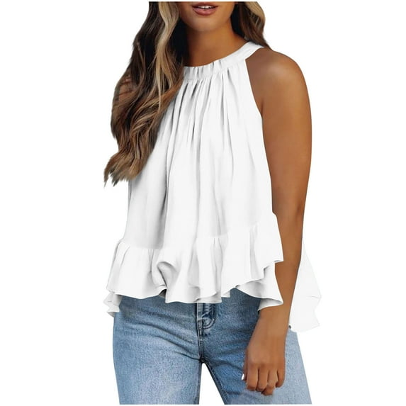 Ichuanyi Halter Flowy Tops for Women Summer Striped Sleeveless Shirts Blouse Casual Tank Tops Ruffle Hem Tops for Juniors