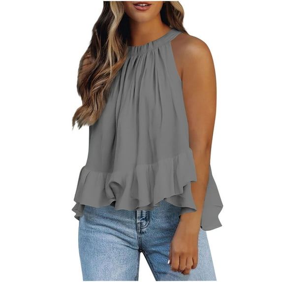 Ichuanyi Halter Flowy Tops for Women Summer Striped Sleeveless Shirts Blouse Casual Tank Tops Ruffle Hem Tops for Juniors
