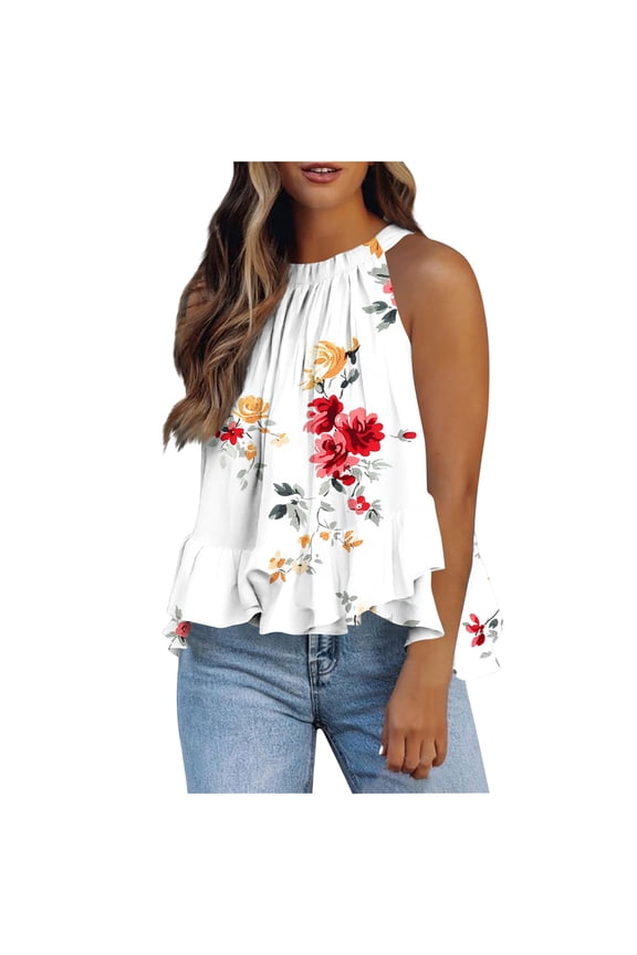Ichuanyi Halter Flowy Tops for Women Summer Striped Sleeveless Shirts Blouse Casual Tank Tops Ruffle Hem Tops for Juniors
