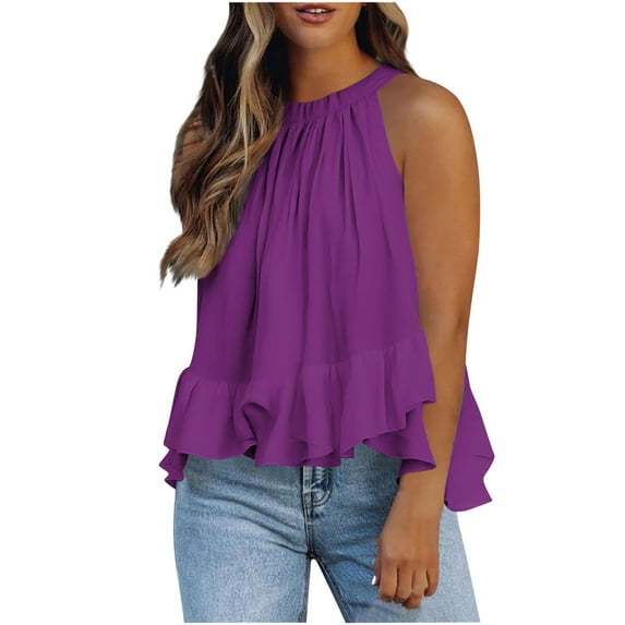 Ichuanyi Halter Flowy Tops for Women Summer Striped Sleeveless Shirts Blouse Casual Tank Tops Ruffle Hem Tops for Juniors