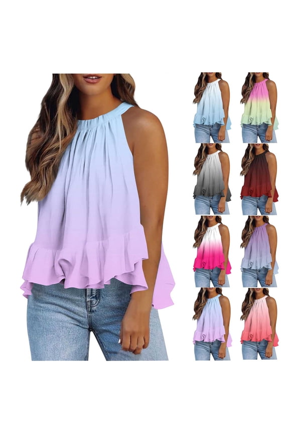 Ichuanyi Halter Flowy Tops for Women Summer Striped Sleeveless Shirts Blouse Casual Tank Tops Ruffle Hem Tops for Juniors